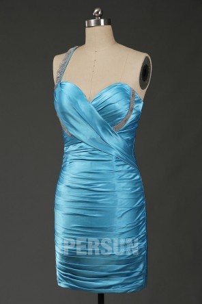 Robe de cocktail bleu ornée de strass asymétrique