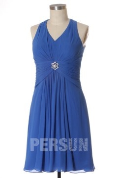 Robe de cocktail bleu azur décolleté V courte au genou