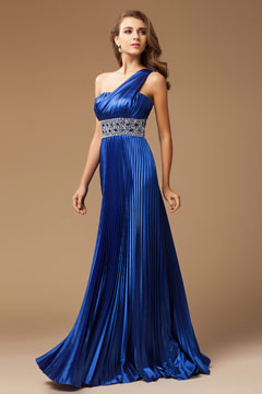 Robe de bal plissée asymétrique en satin bleu royal ornée de strass