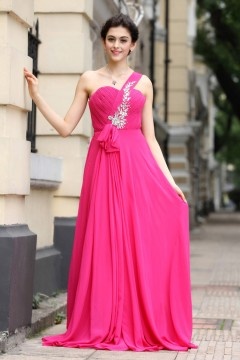 Robe de bal de promo longue asymétrique rose bonbon