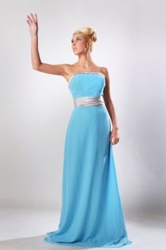 Robe bleu longue bustier pour demoiselles d'honneur en mousseline