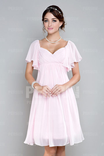 Robe demoiselle d'honneur empire courte genou en mousseline rose à mancheron volants