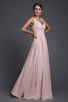 Robe Empire rose pour soirée longue simple en mousseline