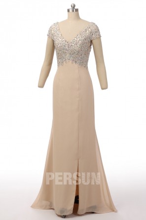 Robe de soirée champagne fendue pour mariage avec mancherons