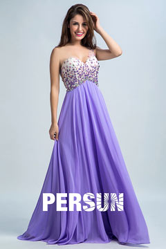 Robe de soirée mauve asymétrique longue