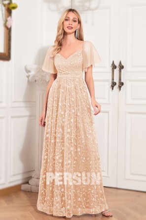 Robe soirée mariage chic en dentelle nude champagne avec mancherons