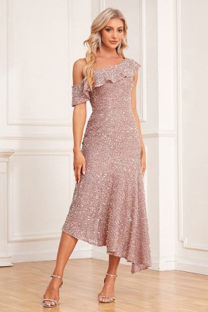 Robe de cocktail asymétrique pour mariage en sequins rose champagne