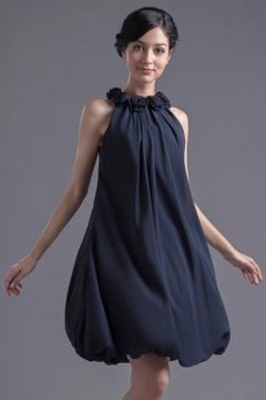 Robe bleu marine de cocktail Ligne A fleur faite à la main au cou