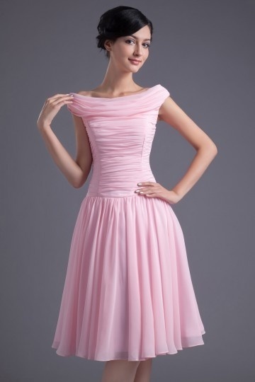 Robe demoiselle d'honneur en mousseline rose à encolure bateau