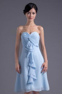 Robe demoiselle d'honneur en mousseline bleu décolleté en coeur Ruchées froufrou