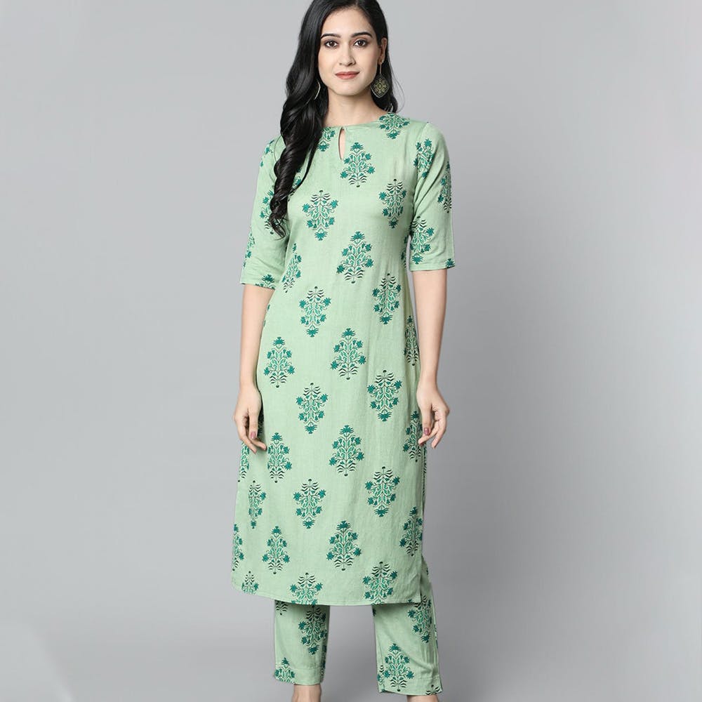 Get Striped Hem Detail Printed Kurta With Striped Palazzo Set at ...