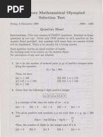 Singapore Mathematical Olympiad Selection Test: Question Sheet