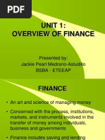 Unit 1: Overview of Finance: Presented By: Jackie Pearl Medrano-Astudillo Bsba - Eteeap