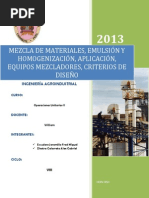 Mezcla de Materiales, Emulsión y Homogenización, Aplicación, Equipos Mezcladores, Criterios de Diseño