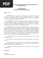 Decreto No.259-96 Que Establece El Reglamento para La Educación Superior de La República Dominicana