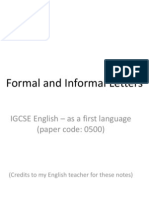 Formal and Informal Letters: IGCSE English - As A First Language (Paper Code: 0500)