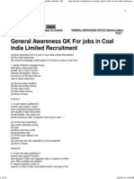 General Awareness GK For Jobs in Coal India Limited Recruitment MCQ Objective Sample Model Tests For INDIA