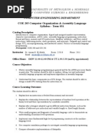 COE 205 Computer Organization & Assembly Language Syllabus - Term 031