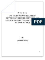 A Thesis On Correlation Between Customer Services and Its Satisfaction Level in HDFC Bank