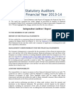 Format of Statutory Auditors Report For Financial Year 2013-14