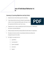 Basic Elements of Individual Behavior in Organizations: Summary of Learning Objectives and Key Points