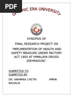 Synopsis of Final Research Project On "Implimentation of Health and Safety Measure Under Factory Act 1950 at Himalaya Drugs (Dehradun) "