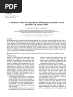 A Laboratory Study of Rock Properties Affecting The Penetration Rate of Pneumatic Top Hammer Drills