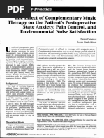 The Effect of Complementary Music Therapy On The Patient's Postoperative State Anxiety, Pain Control, and Environmental Noise Satisfaction