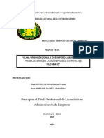 Plan de Tesis Administra "Clima Organizacional y Desempeño Laboral en Los Trabajadores de La Municipalidad Distrital de Pilcomayo