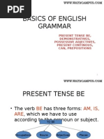 Basics of English Grammar: Present Tense Be, Demonstratives, Possessive Adjectives, Present Continous, Can, Prepositions