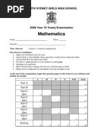 North Sydney Girls 2009 Year 10 Maths Yearly & Solutions