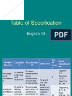 Table of Specification