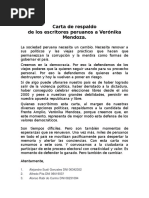 Carta de Respaldo de Los Escritores Peruanos A Verónika Mendoza