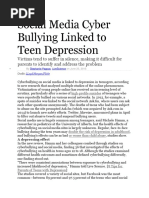 Social Media Cyber Bullying Linked To Teen Depression