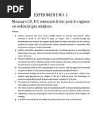 Experiment No: 1 Measure CO, HC Emission From Petrol Engines On Exhaust Gas Analysis