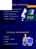 External Stressors: - Physical Environment - Social Interaction - Organisational - Major Life Events - Daily Hassles