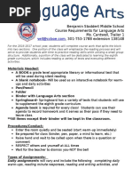 Benjamin Stoddert Middle School Course Requirements For Language Arts Ms. Cantwell, Trailer 1, 301-753-1788 Extension 138148