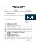 List of Experiments Linear Circuit Analysis