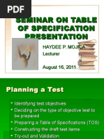 Seminar On Table of Specs (TOS)