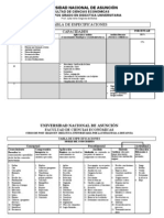 Tabla de Especificaciones