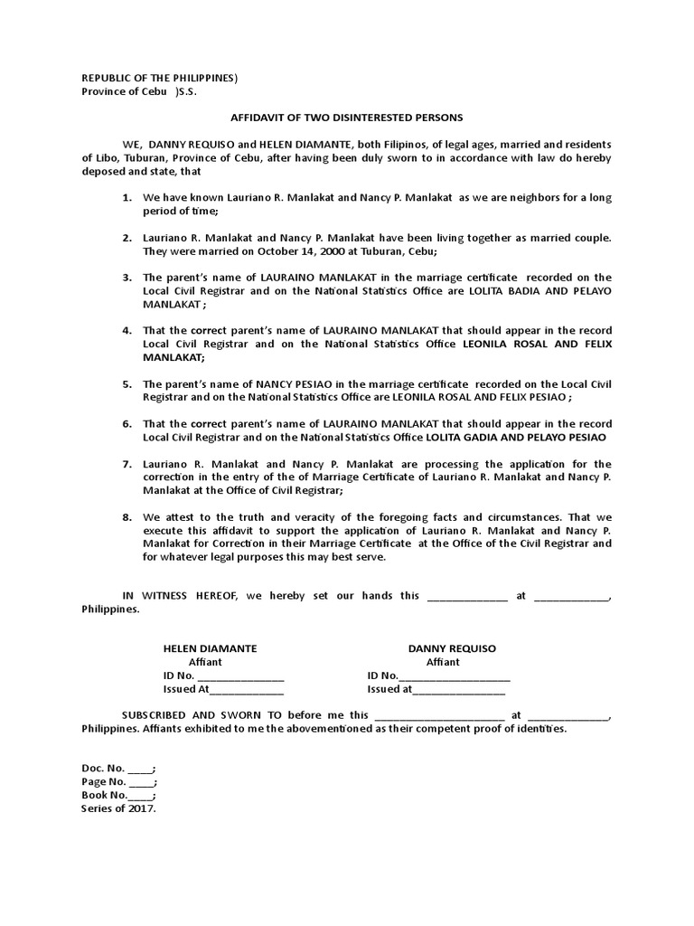 Affidavit of Two Disinterested Persons- Marriage | Affidavit | Civil ...