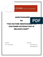 Questionnaire ON "The Factors Responsible For Customer Satisfaction in Reliance Mart"