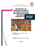 Gestion de Los Almacenes Según La Ley 29459 y El Manual Bpa Desinados A Los Materiales Farmaceuticos