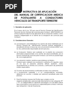 Del Manual de Certificacion Medica DE Postulantes A Conductores Vehiculos de Transporte Terrestre