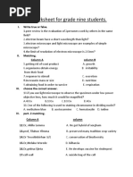 Biology Worksheet For Grade Nine Students