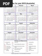 Year 2010 Calendar - Australia