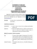 Government of Tamilnadu School Education Department Secretariat, CHENNAI-600 009 Advertisement For The Post of Director of Public Libraries