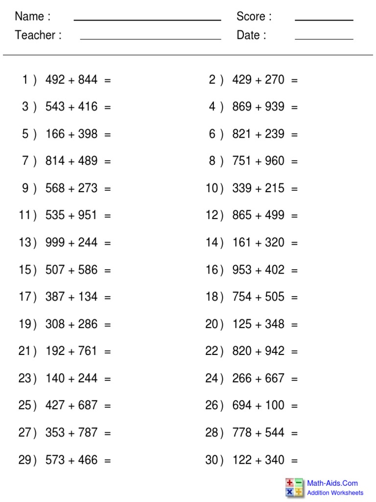 Name: Teacher: Date: Score:: Addition Worksheets | PDF