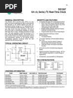 DS1307 64 X 8, Serial, I C Real-Time Clock: General Description Benefits and Features