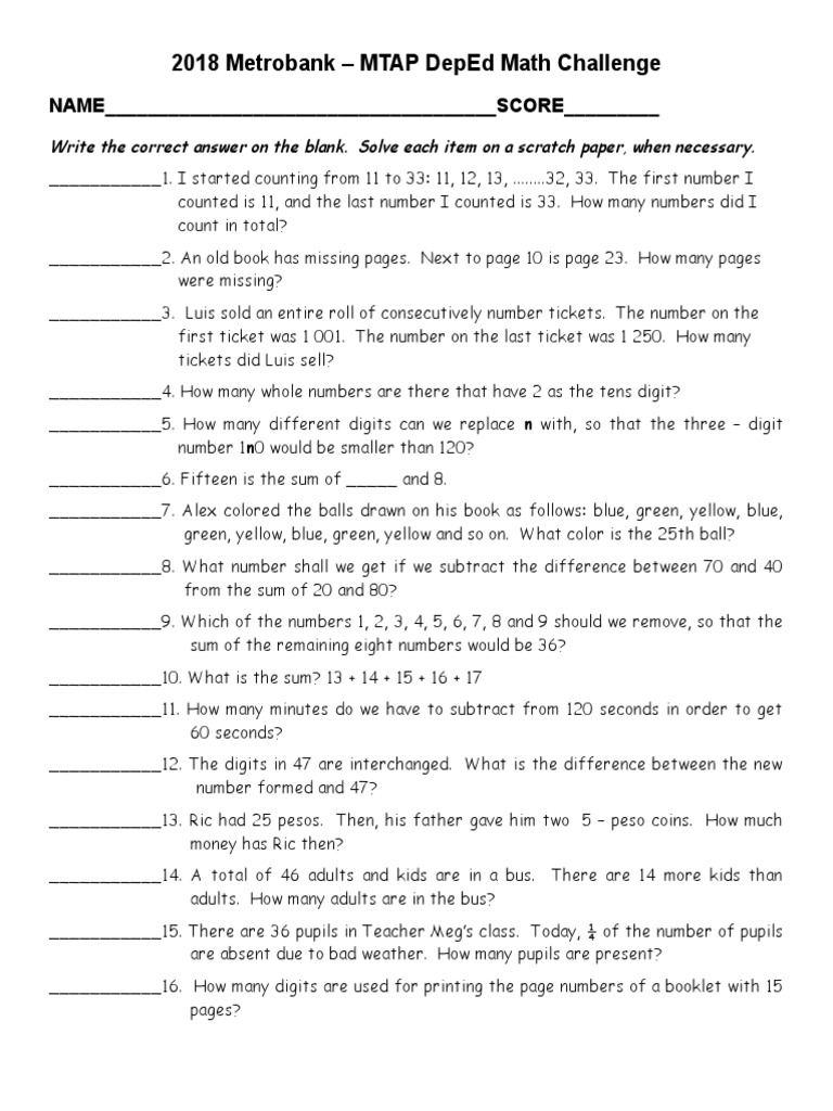 2018 Grade 1 Metrobank MTAP DepEd Math Challenge Elimination Rounds ...